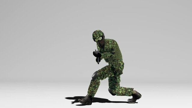 Soldier in camouflage walks with a weapon at the ready white background. Alpha Channel. 3d Animation.