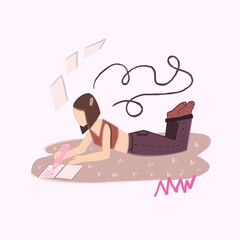 the girl is lying on the floor and writing in a notebook, flat illustration