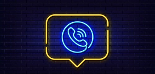 Neon light speech bubble. Call center service line icon. Phone support sign. Feedback symbol. Neon light background. Call center glow line. Brick wall banner. Vector