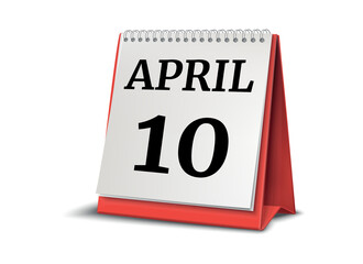 Calendar on white background. 10 April. 3D illustration.