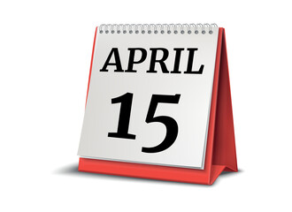 Calendar on white background. 15 April. 3D illustration.