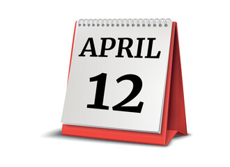 Calendar on white background. 12 April. 3D illustration.