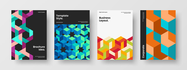 Trendy mosaic shapes company brochure template bundle. Bright journal cover vector design concept set.