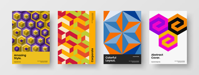 Obraz premium Vivid geometric pattern booklet concept collection. Fresh annual report design vector illustration bundle.