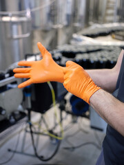 Vertical photo of a worker putting on latex gloves in a brewery
