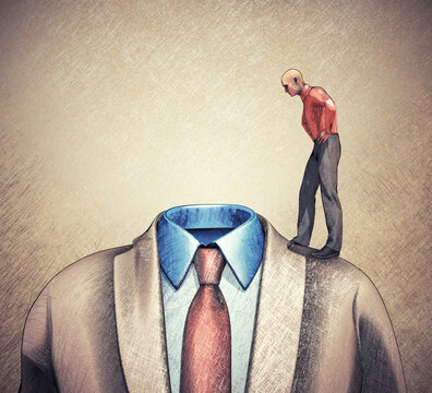 Man looks down to a headless businessman.