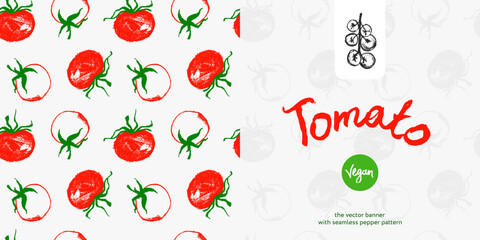 Tomatoes flyer. Tomato drawings for Italian food poster, spanish cooking ad card. Cooking courses vector panoramic banner template. Hand-drawn illustration. Organic vegetables. Vegan restaurant menu.