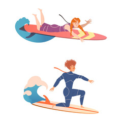 People in swimwear surfing set. Guy and girl riding ocean or sea waves on surf board cartoon vector illustration