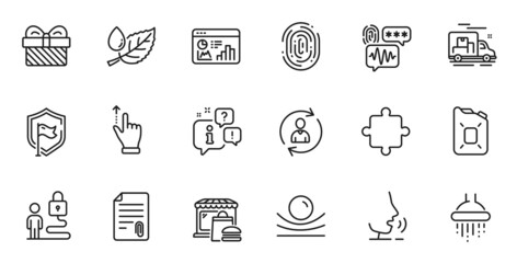 Outline set of Gift, Touchscreen gesture and Attachment line icons for web application. Talk, information, delivery truck outline icon. Include Elastic material, Food market, Lock icons. Vector