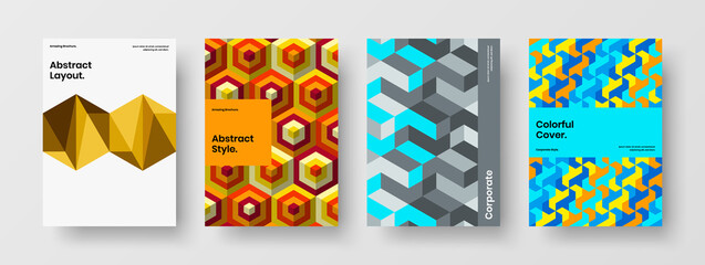 Obraz premium Multicolored booklet design vector concept collection. Vivid geometric tiles catalog cover illustration set.