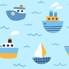 Cute marine baby pattern with sea ships on the wave. Seamless vector nautical print for textile and fabric.