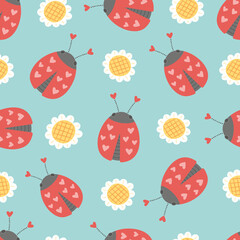 Small flower vector with ladybug. Cute white floral seamless pattern. Floral background.