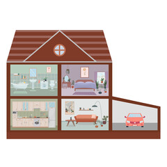 House cut. Detailed home interior with furniture. Kitchen, living room, bedroom.
