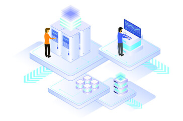 Data center or server room processing data operation with security protection and maintenance with isometric design style - vector