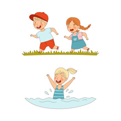 Kids summer activities set. Happy children running and swimming cartoon vector illustration