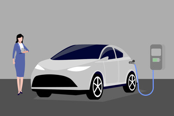 Flat design EV Car Charging at home with business women.Electric vehicle charging technology vector illustration,Isolate background.future technology concept.Green energy,ECO Car.
