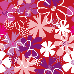 Papercut flowers collage repeat, seamless pattern, pink, red, purple and white flowers on red background