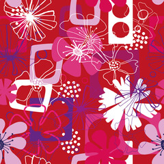 Red pink flowers seamless pattern with collage and handdrawn flowers, on red background