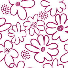 Freestyle handdrawn flowers in red pint, seamless pattern on white background