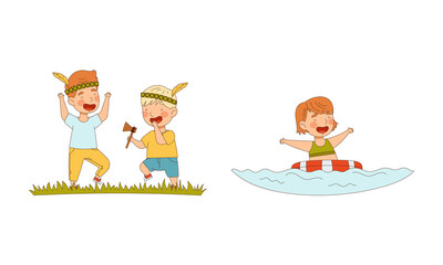 Kids summer activities set. Happy children playing games and swinging outdoors cartoon vector illustration
