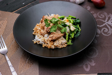 Stewed pork leg on rice, Thai food and street food that Thai people like to eat. or what we call 