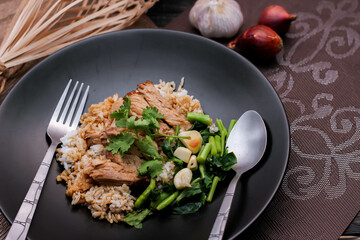Stewed pork leg on rice, Thai food and street food that Thai people like to eat. or what we call 
