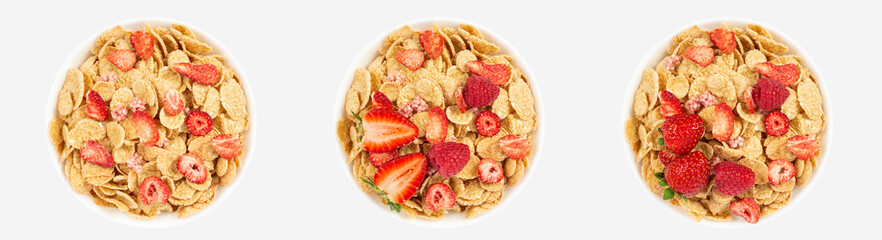 strawberry corn flakes in bowl on white background
