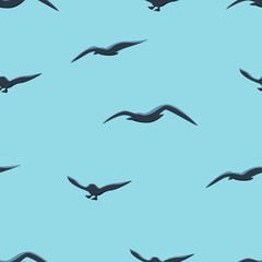 Seagulls seamless pattern. Dark gulls flying on light blue background. Marine vector endless pattern
