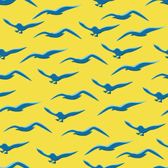 Seagulls seamless pattern. Cartoon blue gulls flying on yellow background. Marine vector endless pattern