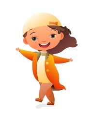 Little girl preschooler. Person in autumn clothes. In an elegant long coat. Cute child.vCheerful funny kid. Baby joy. Cartoon style illustration. Flat design. Isolated on white background. Vector