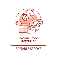 Seasonal food insecurity red concept icon. Types of food insecurity abstract idea thin line illustration. Isolated outline drawing. Editable stroke. Arial, Myriad Pro-Bold fonts used