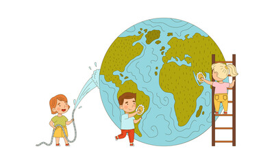 Ecology and environment concept. Cute kids cleaning Earth planet vector illustration