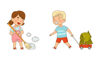 Ecology and environment concept. Cute kids sweeping and planting trees vector illustration