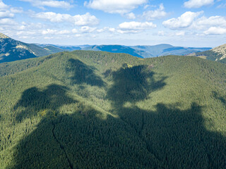 High mountains of the Ukrainian Carpathians in sunny weather. Aerial drone view.