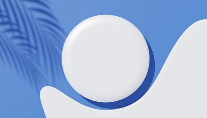 3d render top view of white blank cylinder frame for mock up and display products with shadows of palm leaves, earth tone, and pastel wall background. Creative idea concept. Widow shadow.