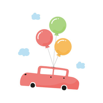 Red car with balloons vector illustration for birthday invitation, postcard, logo, sticker and instructional media