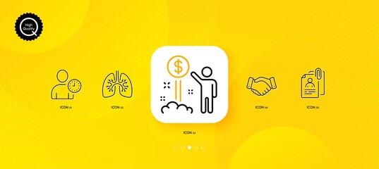 Fototapeta na wymiar Employees handshake, Income money and Time management minimal line icons. Yellow abstract background. Lungs, Interview documents icons. For web, application, printing. Vector