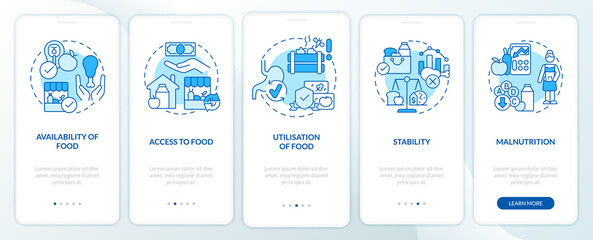 Food security basic definitions blue onboarding mobile app screen. Walkthrough 5 steps graphic instructions pages with linear concepts. UI, UX, GUI template. Myriad Pro-Bold, Regular fonts used