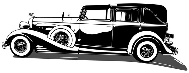 Drawing of a 1930s Cadillac V16 Vintage Car - Black and White Illustration Isolated on White Background, Vector - obrazy, fototapety, plakaty