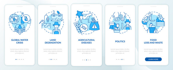 Challenges to achieving food security blue onboarding mobile app screen. Walkthrough 5 steps graphic instructions pages with linear concepts. UI, UX, GUI template. Myriad Pro-Bold, Regular fonts used
