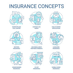 Insurance turquoise concept icons set. Financial protection policy. Customers safety idea thin line color illustrations. Isolated symbols. Editable stroke. Roboto-Medium, Myriad Pro-Bold fonts used