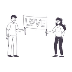 Man and Woman Character Partaking in Demonstration for Love with Placard and Word on It Vector Illustration