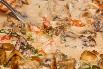 Stew with vegetables in milk sauce. Beef, mushrooms, onions, tomatoes, garlic, olives, milk.