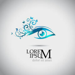 Logo is a beautiful female eye. Lashes with butterflies. Vector illustration