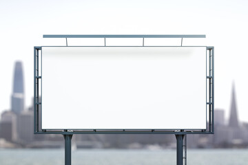 Obraz premium Blank white billboard on city buildings background at daytime, front view. Mockup, advertising concept
