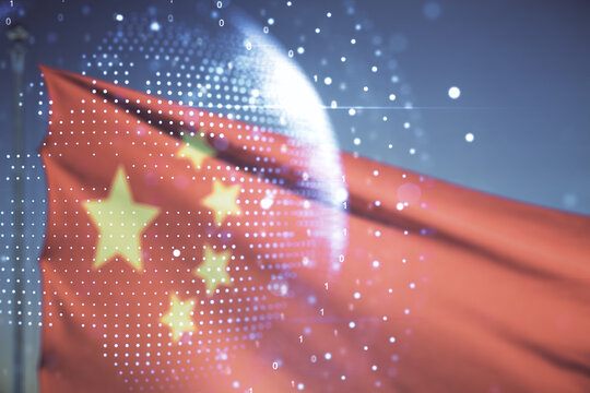 Multi exposure of abstract graphic world map on Chinese flag and sunset sky background, big data and networking concept