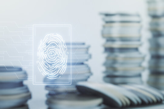 Multi exposure of virtual abstract fingerprint illustration on stacks of coins background, digital access concept