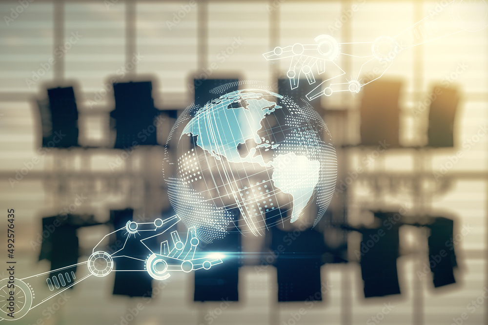 Aufkleber double exposure of abstract virtual robotics technology with world map hologram on a modern meeting 