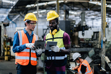 Engineers or Supervisors using a digital tablet and discussing workshops mechanical maintenance in a factory,Working together, Coordination and Teamwork concept.