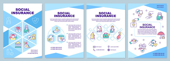 Naklejka premium Social insurance blue brochure template. Financial protection. Leaflet design with linear icons. 4 vector layouts for presentation, annual reports. Arial-Black, Myriad Pro-Regular fonts used